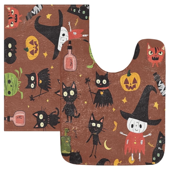 2 Piece Soft Bathroom Rug Set Halloween-themed Cute Characters Bath Mat and U-Shaped Toilet Contour Rug (16"x24" 20"x24")