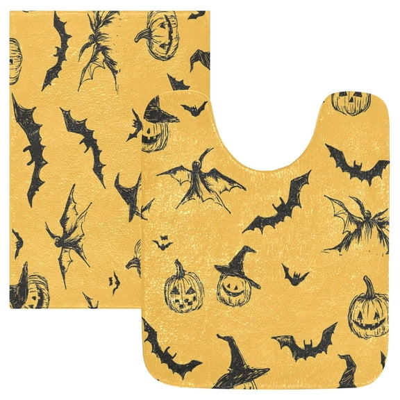 2 Piece Soft Bathroom Rug Set Halloween-themed Hand-drawn Pattern Bath Mat and U-Shaped Toilet Contour Rug (16"x24" 20"x24")