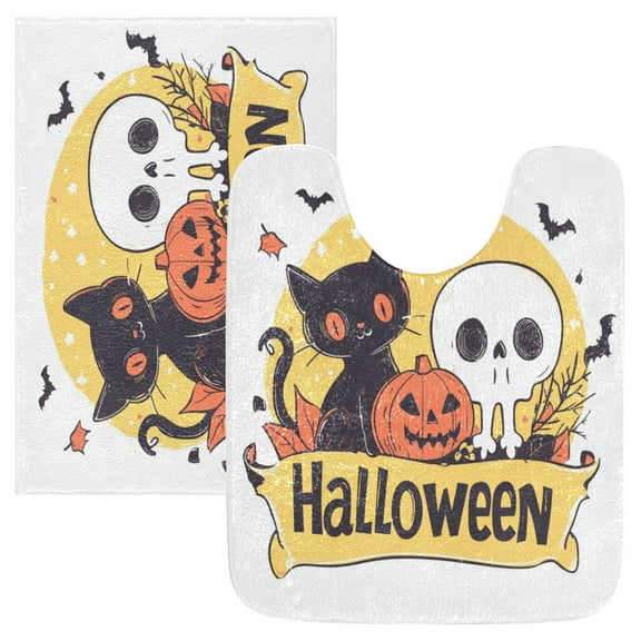 2 Piece Soft Bathroom Rug Set Halloween-themed Logo Bath Mat and U-Shaped Toilet Contour Rug (16"x24"+20"x24")