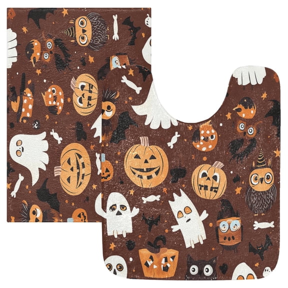 2 Piece Soft Bathroom Rug Set Halloween-themed Pattern Bath Mat and U-Shaped Toilet Contour Rug (16"x24" 20"x24")