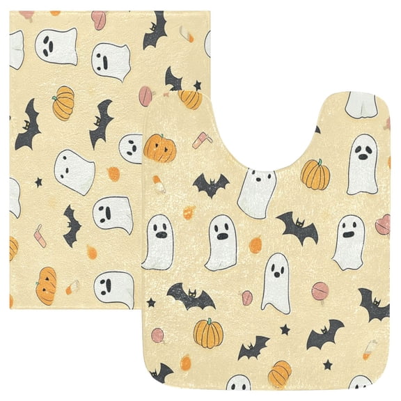 2 Piece Soft Bathroom Rug Set Halloween-themed Pattern Design Bath Mat and U-Shaped Toilet Contour Rug (16"x24" 20"x24")