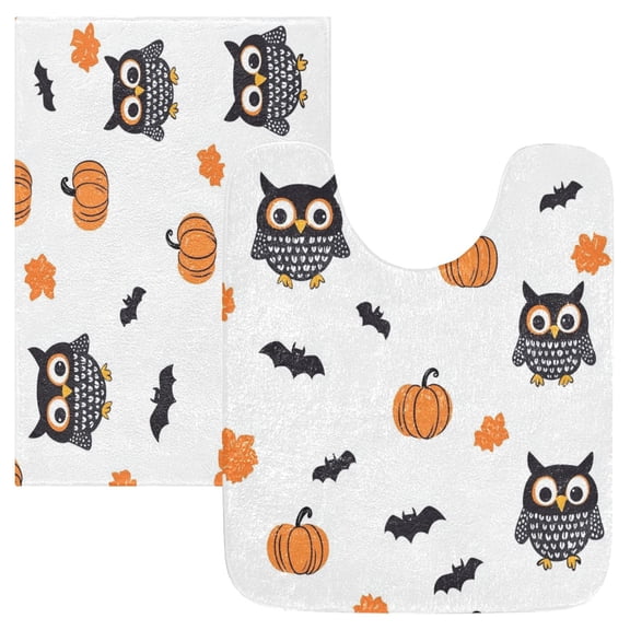 2 Piece Soft Bathroom Rug Set Halloween-themed Pattern with Owls Bath Mat and U-Shaped Toilet Contour Rug (16"x24" 20"x24")