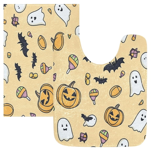 2 Piece Soft Bathroom Rug Set Halloween-themed Simple Line Art Bath Mat and U-Shaped Toilet Contour Rug (16"x24" 20"x24")