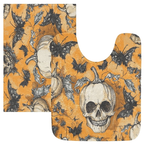 2 Piece Soft Bathroom Rug Set Halloween-themed Skull Bath Mat and U-Shaped Toilet Contour Rug (16"x24" 20"x24")