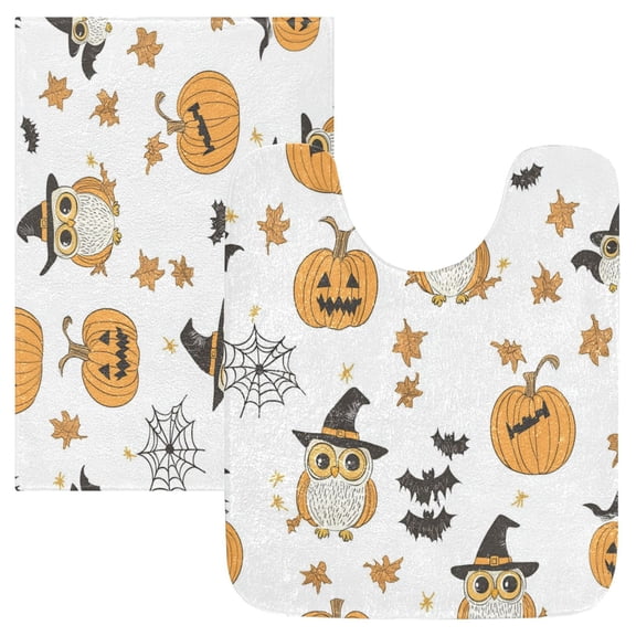 2 Piece Soft Bathroom Rug Set Hand-drawn Cute Owls Pattern Bath Mat and U-Shaped Toilet Contour Rug (16"x24" 20"x24")