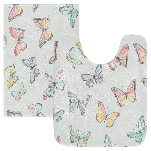 2 Piece Soft Bathroom Rug Set Hand-drawn Pastel Colors Butterflies Bath Mat and U-Shaped Toilet Contour Rug (16"x24" 20"x24")