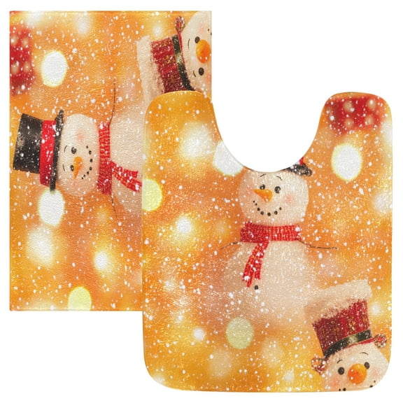 2 Piece Soft Bathroom Rug Set Happy Snowman Bath Mat and U-Shaped Toilet Contour Rug (16"x24" 20"x24")