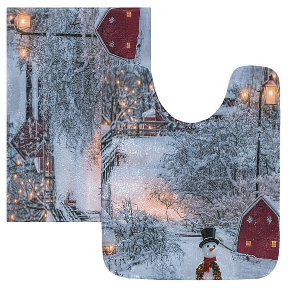 2 Piece Soft Bathroom Rug Set House and Snowman Bath Mat and U-Shaped Toilet Contour Rug (16"x24" 20"x24")