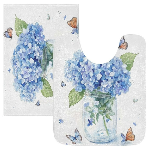 2 Piece Soft Bathroom Rug Set Hydrangeas and Butterflies Bath Mat and U-Shaped Toilet Contour Rug (16"x24"+20"x24")