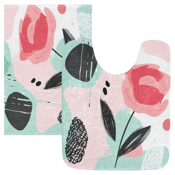 2 Piece Soft Bathroom Rug Set Large and Cartoonish Rose Bath Mat and U-Shaped Toilet Contour Rug (16"x24" 20"x24")
