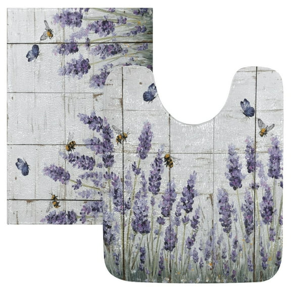 2 Piece Soft Bathroom Rug Set Lavender and Bees Bath Mat and U-Shaped Toilet Contour Rug (16"x24" 20"x24")