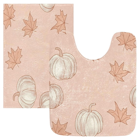 2 Piece Soft Bathroom Rug Set Leaves and Pumpkins Bath Mat and U-Shaped Toilet Contour Rug (16"x24" 20"x24")