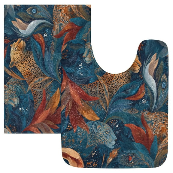 2 Piece Soft Bathroom Rug Set Leopard and Flying Feathers Bath Mat and U-Shaped Toilet Contour Rug (16"x24" 20"x24")