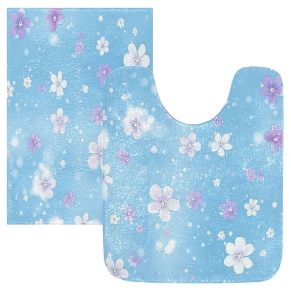 2 Piece Soft Bathroom Rug Set Light Blue Background Flowers Bath Mat and U-Shaped Toilet Contour Rug (16"x24" 20"x24")