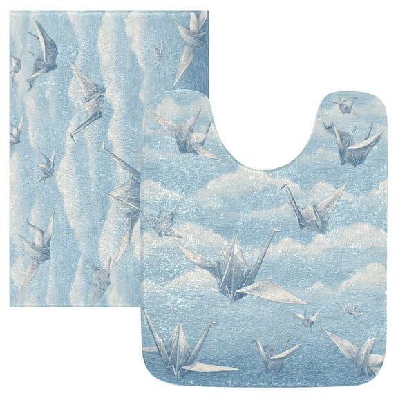 2 Piece Soft Bathroom Rug Set Light Blue Paper Cranes Bath Mat and U-Shaped Toilet Contour Rug (16"x24" 20"x24")