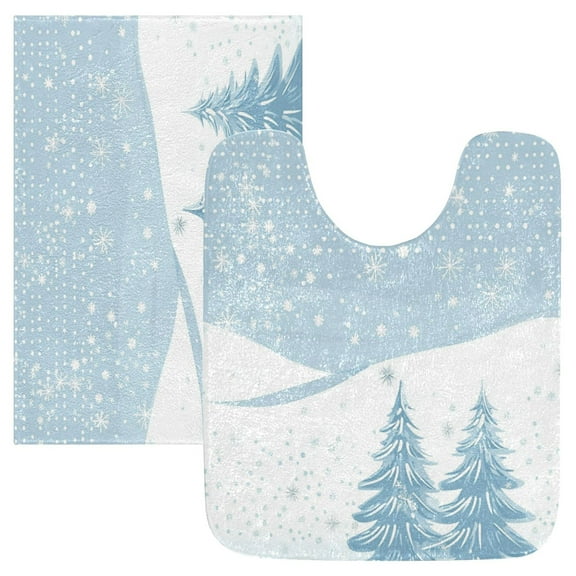 2 Piece Soft Bathroom Rug Set Light Blue Snow Scene Bath Mat and U-Shaped Toilet Contour Rug (16"x24" 20"x24")