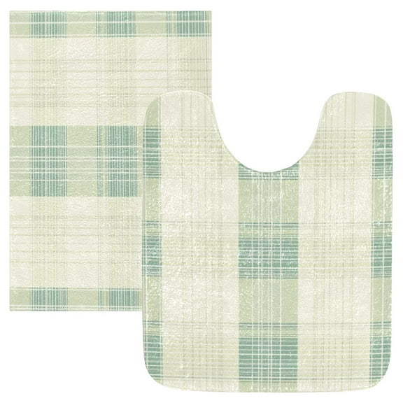 2 Piece Soft Bathroom Rug Set Light Green Plaid Bath Mat and U-Shaped Toilet Contour Rug (16"x24"+20"x24")