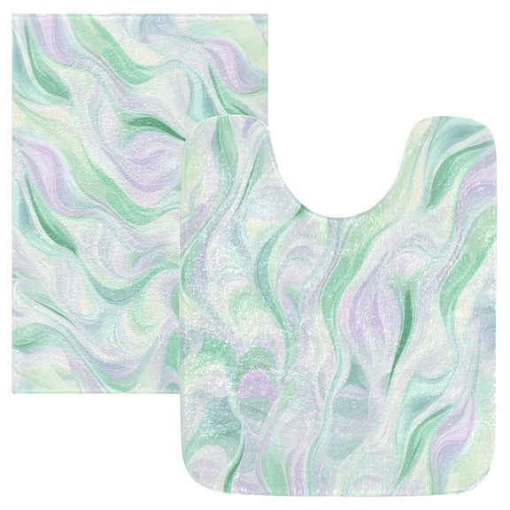 2 Piece Soft Bathroom Rug Set Light Green Ripple Bath Mat and U-Shaped Toilet Contour Rug (16"x24"+20"x24")