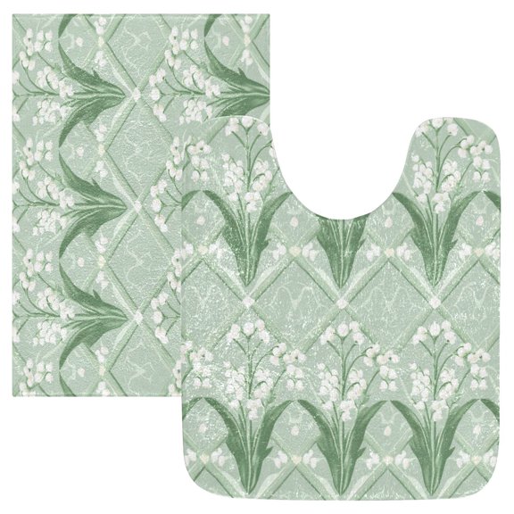 2 Piece Soft Bathroom Rug Set Light Green and White Lily Bath Mat and U-Shaped Toilet Contour Rug (16"x24" 20"x24")