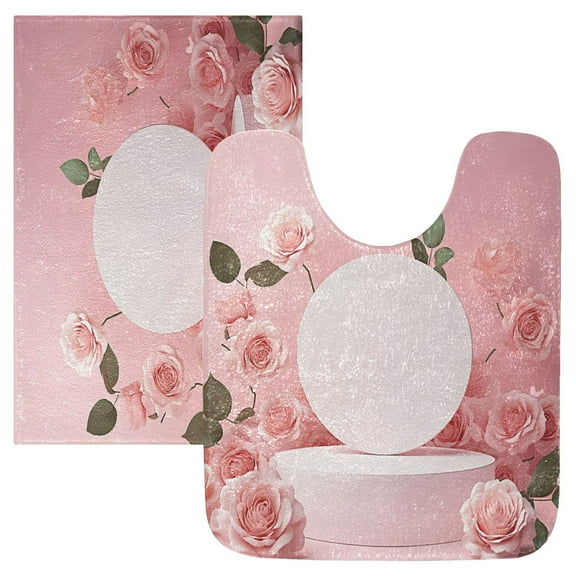 2 Piece Soft Bathroom Rug Set Light Pink Roses Bath Mat and U-Shaped Toilet Contour Rug (16"x24" 20"x24")