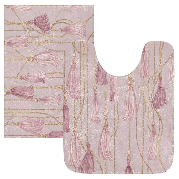 2 Piece Soft Bathroom Rug Set Light Pink Tassels Bath Mat and U-Shaped Toilet Contour Rug (16"x24"+20"x24")