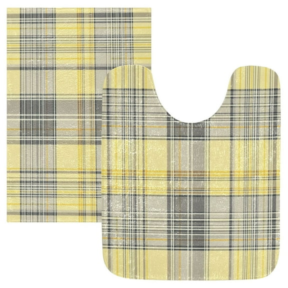 2 Piece Soft Bathroom Rug Set Light Yellow and Grey Tartan Bath Mat and U-Shaped Toilet Contour Rug (16"x24" 20"x24")