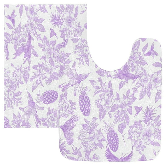2 Piece Soft Bathroom Rug Set Lilac Floral Motifs Bath Mat and U-Shaped Toilet Contour Rug (16"x24" 20"x24")