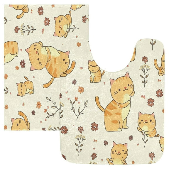 2 Piece Soft Bathroom Rug Set Lively Orange Cat Bath Mat and U-Shaped Toilet Contour Rug (16"x24" 20"x24")