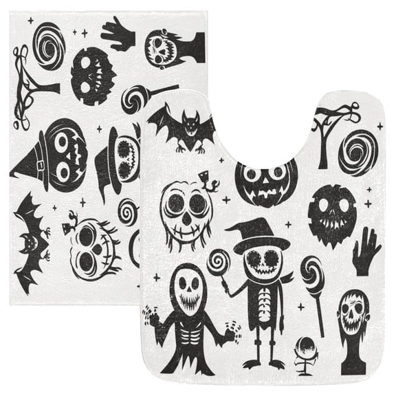 2 Piece Soft Bathroom Rug Set Logo with Various Halloween Bath Mat and U-Shaped Toilet Contour Rug (16"x24"+20"x24")