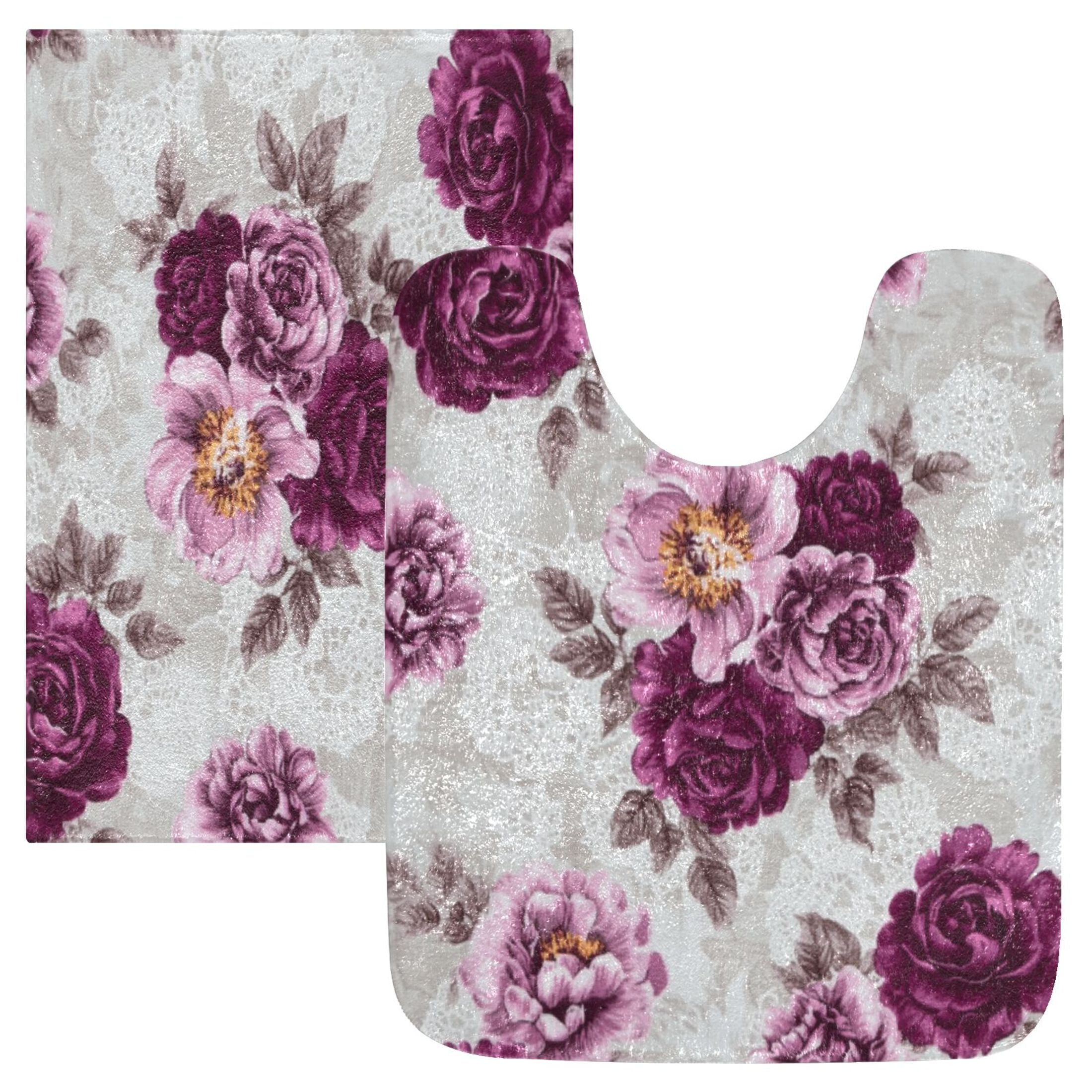 2 Piece Soft Bathroom Rug Set Magenta Roses Bath Mat and U-Shaped Toilet Contour Rug (16"x24"+20"x24")