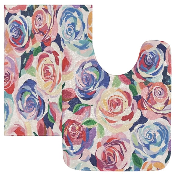2 Piece Soft Bathroom Rug Set Modern Art Roses Bath Mat and U-Shaped Toilet Contour Rug (16"x24" 20"x24")