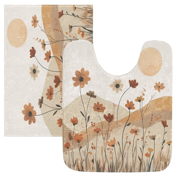 2 Piece Soft Bathroom Rug Set Muted Colors Wildflowers Bath Mat and U-Shaped Toilet Contour Rug (16"x24" 20"x24")