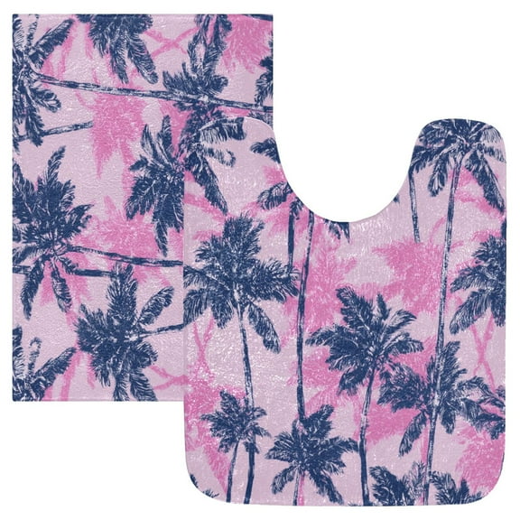 2 Piece Soft Bathroom Rug Set Navy Blue Palm Tree Bath Mat and U-Shaped Toilet Contour Rug (16"x24" 20"x24")