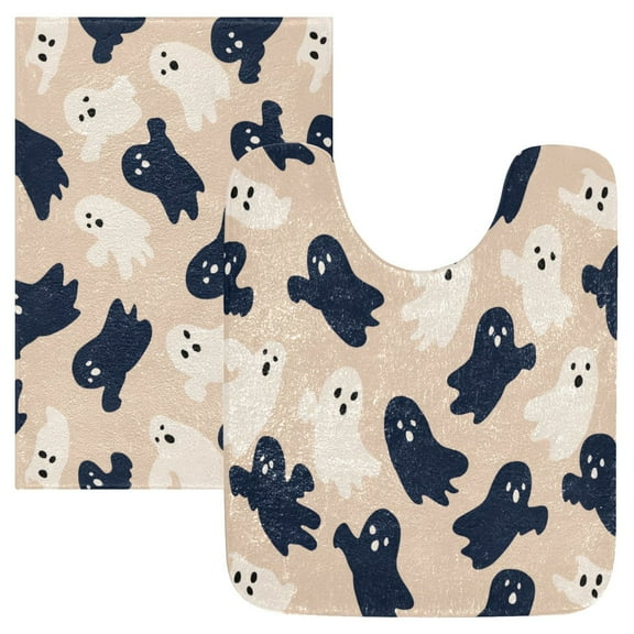 2 Piece Soft Bathroom Rug Set Navy and Cream Ghost Bath Mat and U-Shaped Toilet Contour Rug (16"x24" 20"x24")