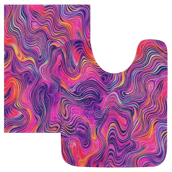 2 Piece Soft Bathroom Rug Set Neon Pink Wavy Lines Bath Mat and U-Shaped Toilet Contour Rug (16"x24" 20"x24")