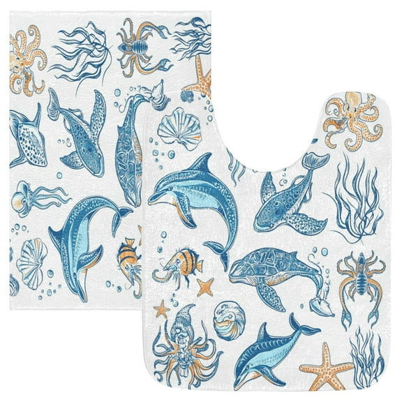 2 Piece Soft Bathroom Rug Set Ocean-themed Pattern Bath Mat and U-Shaped Toilet Contour Rug (16"x24"+20"x24")
