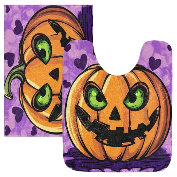 2 Piece Soft Bathroom Rug Set Orange A Pumpkin Bath Mat and U-Shaped Toilet Contour Rug (16"x24" 20"x24")