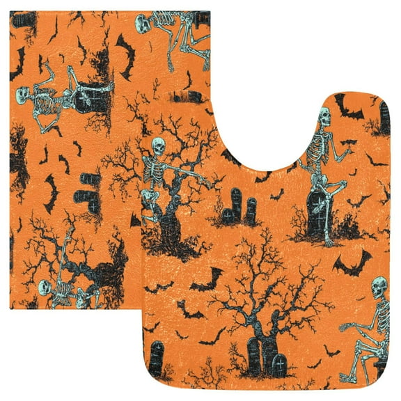 2 Piece Soft Bathroom Rug Set Orange Background with Skeletons Bath Mat and U-Shaped Toilet Contour Rug (16"x24" 20"x24")