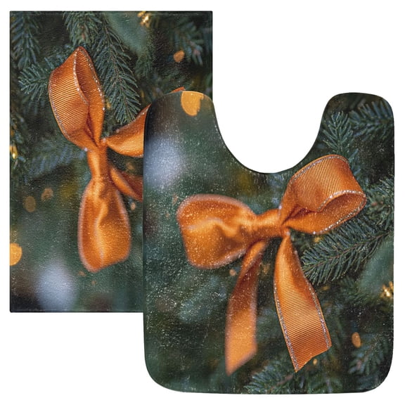2 Piece Soft Bathroom Rug Set Orange Bow Bath Mat and U-Shaped Toilet Contour Rug (16"x24" 20"x24")