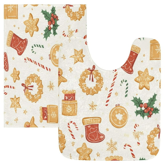 2 Piece Soft Bathroom Rug Set Orange Christmas Element Patterns Bath Mat and U-Shaped Toilet Contour Rug (16"x24" 20"x24")