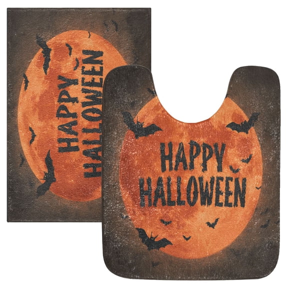 2 Piece Soft Bathroom Rug Set Orange Full Moon Bath Mat and U-Shaped Toilet Contour Rug (16"x24" 20"x24")
