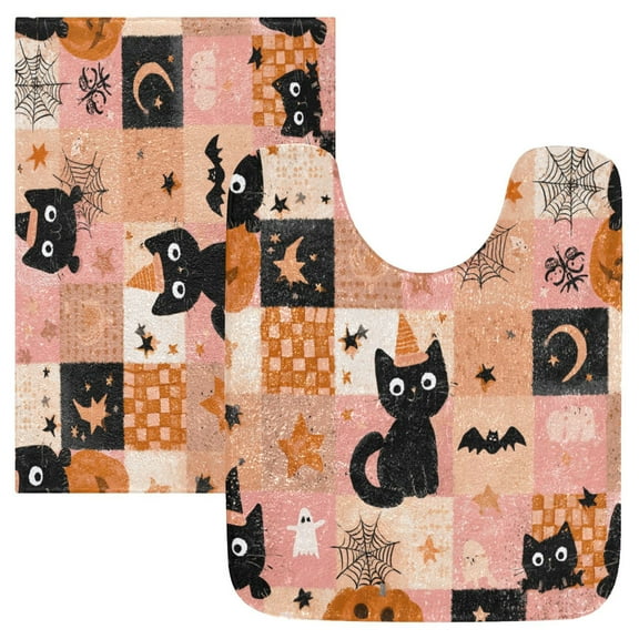 2 Piece Soft Bathroom Rug Set Orange Halloween Motif Bath Mat and U-Shaped Toilet Contour Rug (16"x24" 20"x24")
