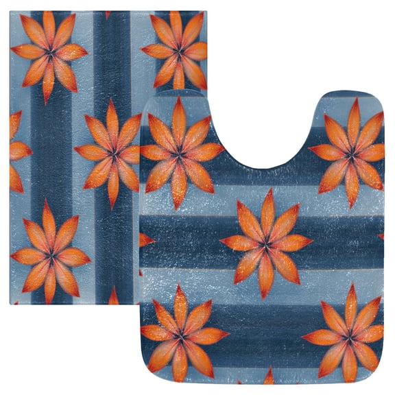 2 Piece Soft Bathroom Rug Set Orange Large Flowers Bath Mat and U-Shaped Toilet Contour Rug (16"x24" 20"x24")