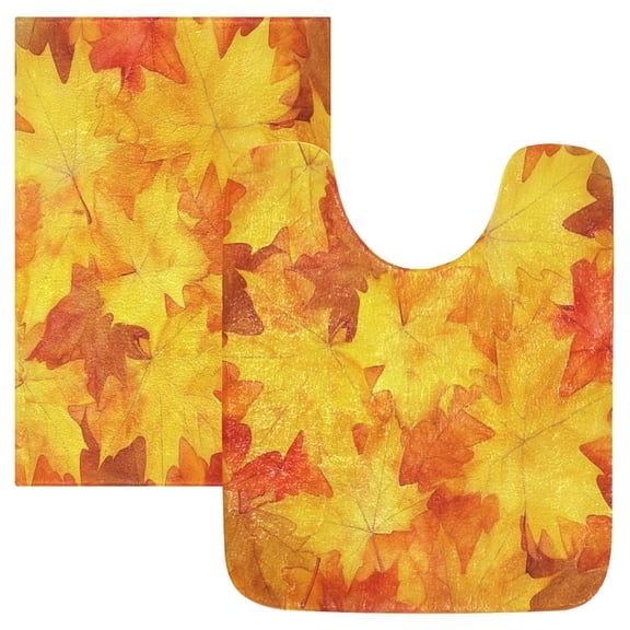 2 Piece Soft Bathroom Rug Set Orange Maple Leaves Bath Mat and U-Shaped Toilet Contour Rug (16"x24" 20"x24")