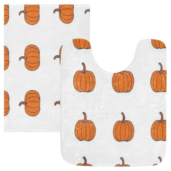 2 Piece Soft Bathroom Rug Set Orange Pumpkin Pattern Bath Mat and U-Shaped Toilet Contour Rug (16"x24" 20"x24")