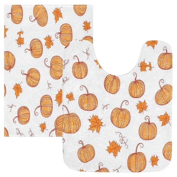 2 Piece Soft Bathroom Rug Set Orange Pumpkins and Leaves Bath Mat and U-Shaped Toilet Contour Rug (16"x24" 20"x24")