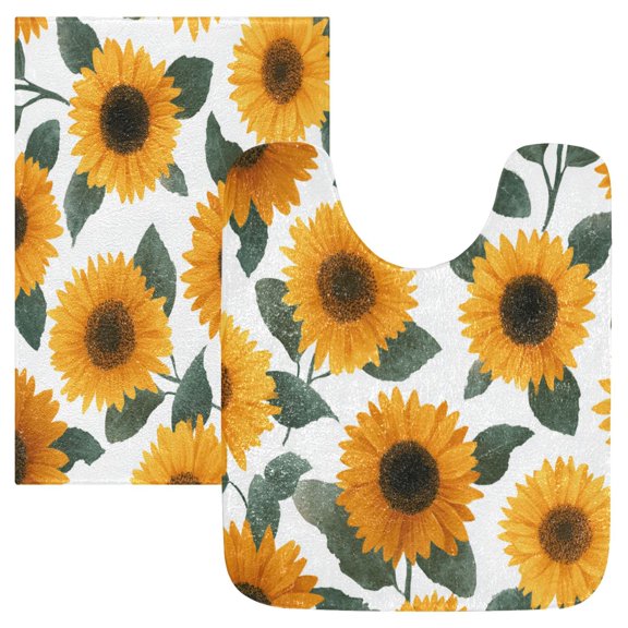 2 Piece Soft Bathroom Rug Set Orange Sunflowers Bath Mat and U-Shaped Toilet Contour Rug (16"x24"+20"x24")