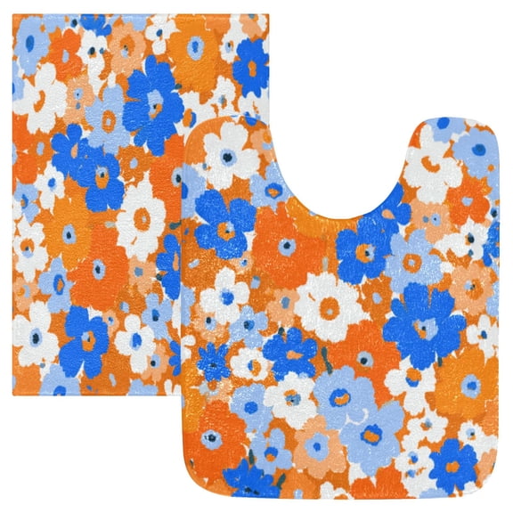 2 Piece Soft Bathroom Rug Set Orange and Blue Small Flowers Bath Mat and U-Shaped Toilet Contour Rug (16"x24" 20"x24")