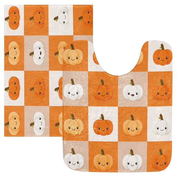 2 Piece Soft Bathroom Rug Set Orange and White Squares Bath Mat and U-Shaped Toilet Contour Rug (16"x24" 20"x24")