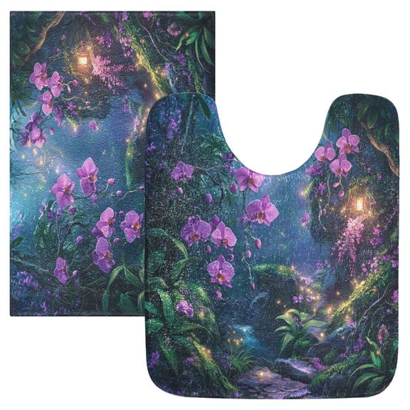 2 Piece Soft Bathroom Rug Set Orchid Forest Scene Bath Mat and U-Shaped Toilet Contour Rug (16"x24"+20"x24")
